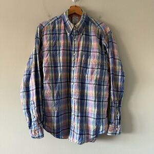 Brooks Brothers Button Down Regent Fit Shirt Mens Large Irish Linen Plaid Preppy